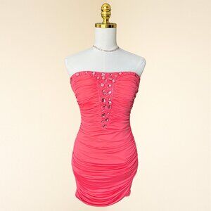 Vintage Y2K Miroa Strapless Jeweled Ruched Mini Dress